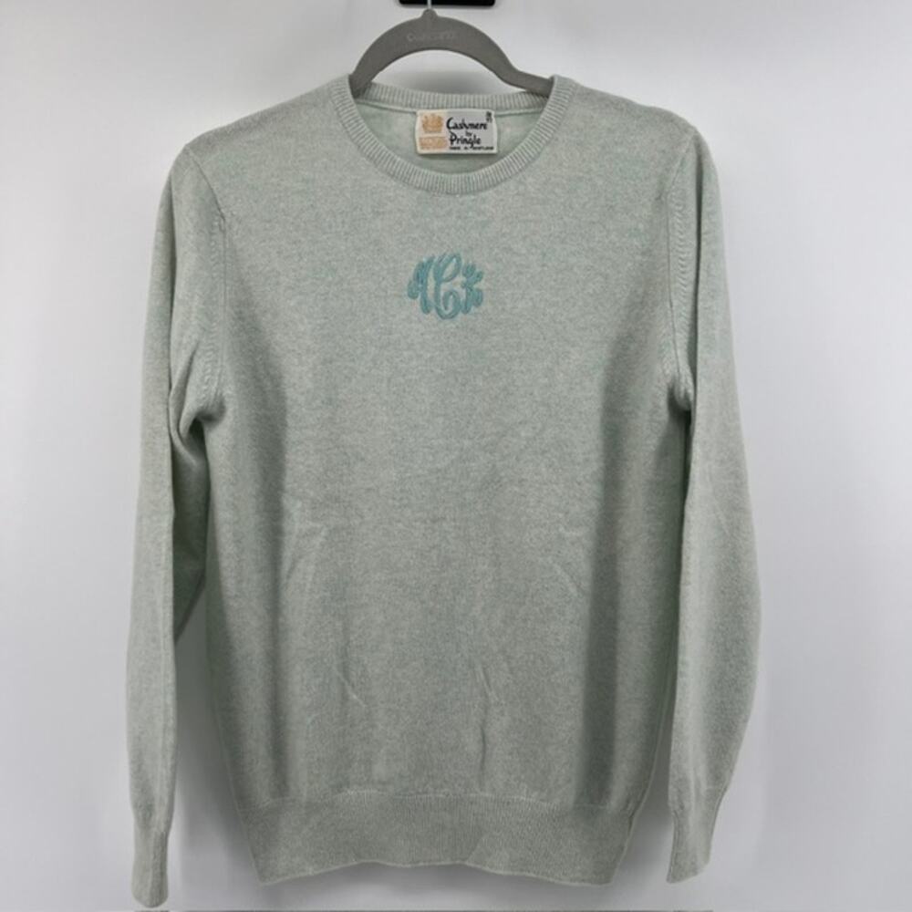 VTG Pringle of Scotland Cashmere Sweater Womens S/M Light Blue PreppyMonogrammed